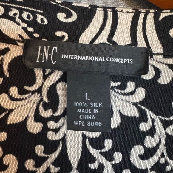 Y2K INC 100% Silk Black Tan Filigree Print Long Sleeve True Wrap Midi Dress - Picture 12 of 13